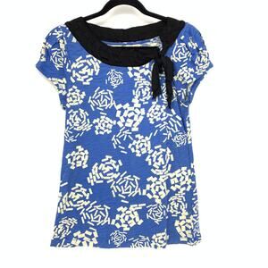 Anthropologie Little Yellow Button Cap Sleeve Dressy Tee Sz M Blue White Floral
